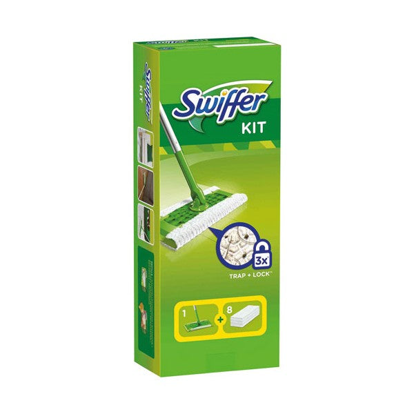 Swiffer - Kit balai attrape-poussière,1 balai,9 Lingettes sèches